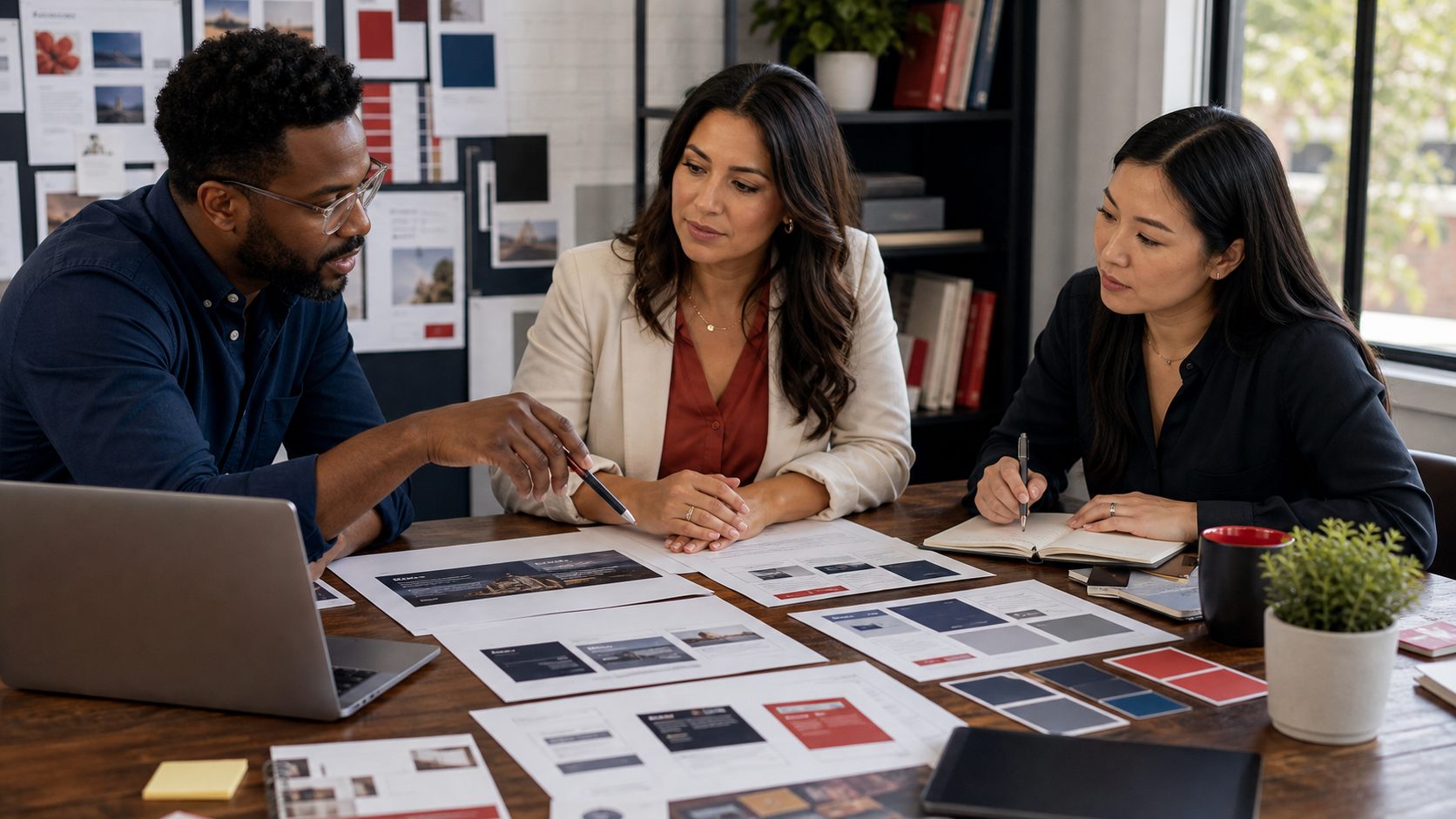 Diverse team aligning brand messaging and website wireframes.