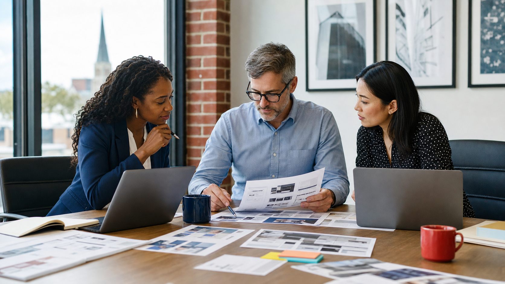 Business team comparing web design proposals and portfolio samples.