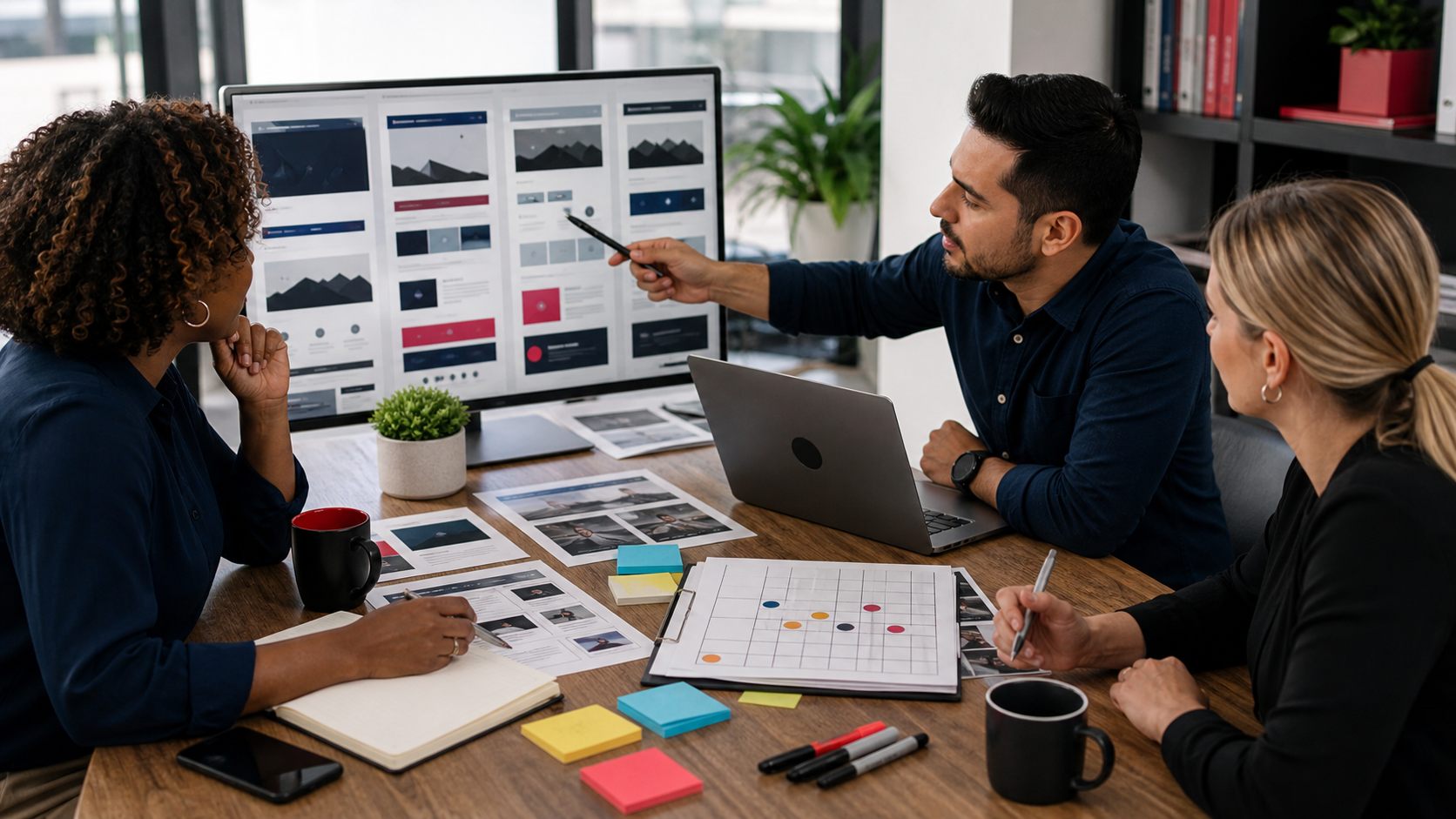 Diverse business team comparing local competitor websites on screens.