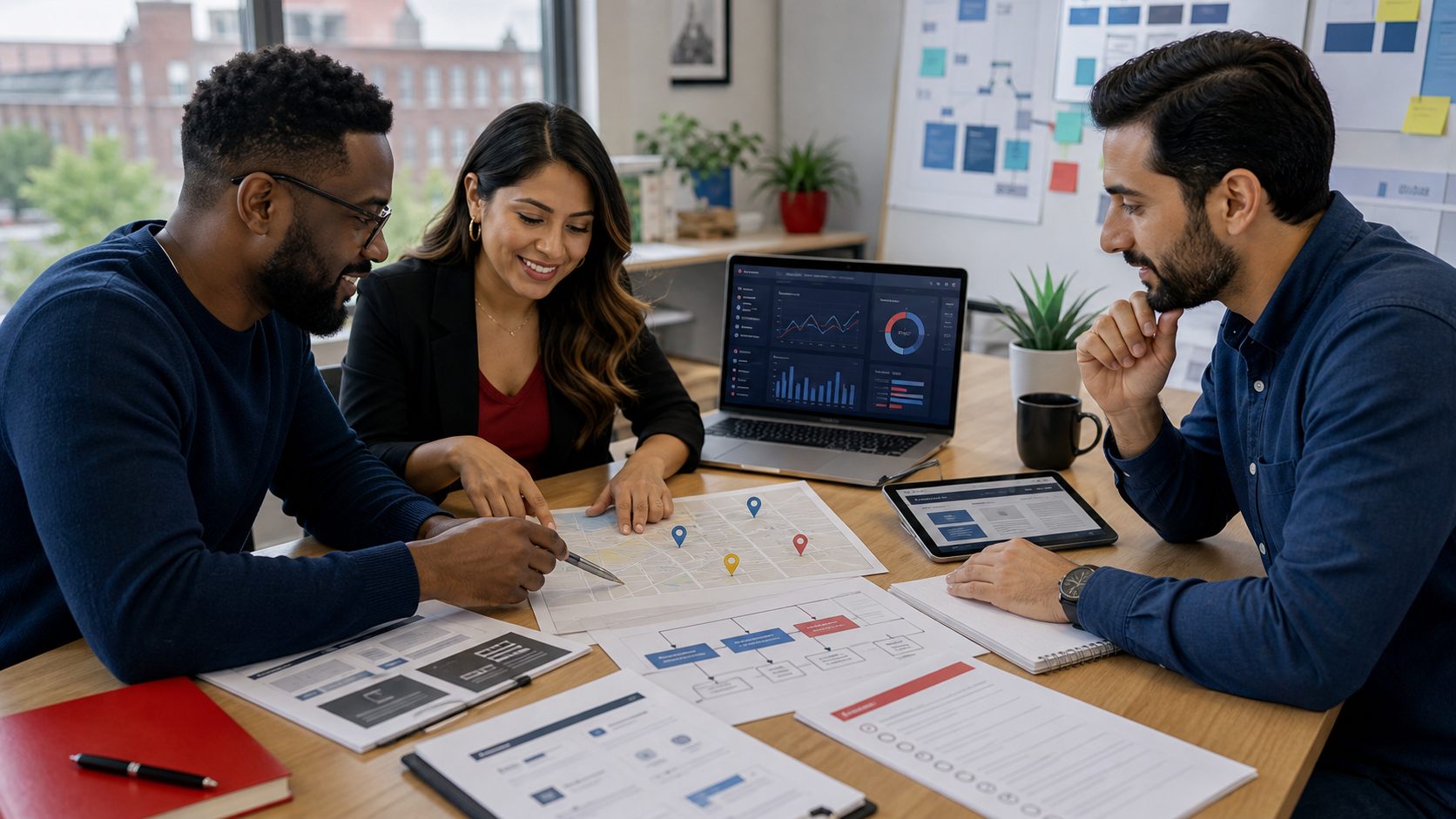 Diverse web design and local SEO team planning a website launch.