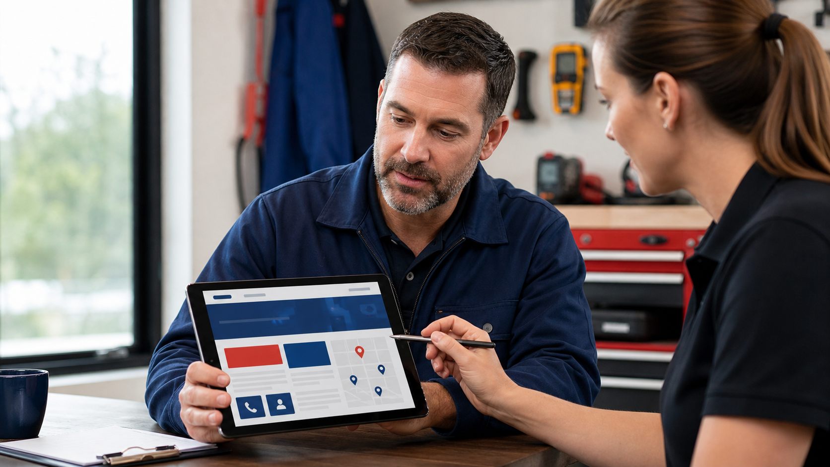 Local service business owner reviewing a lead-focused website on a tablet.