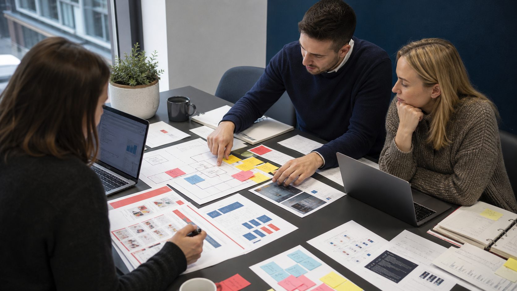 Marketing team planning a website redesign with sitemap cards and checklist materials.