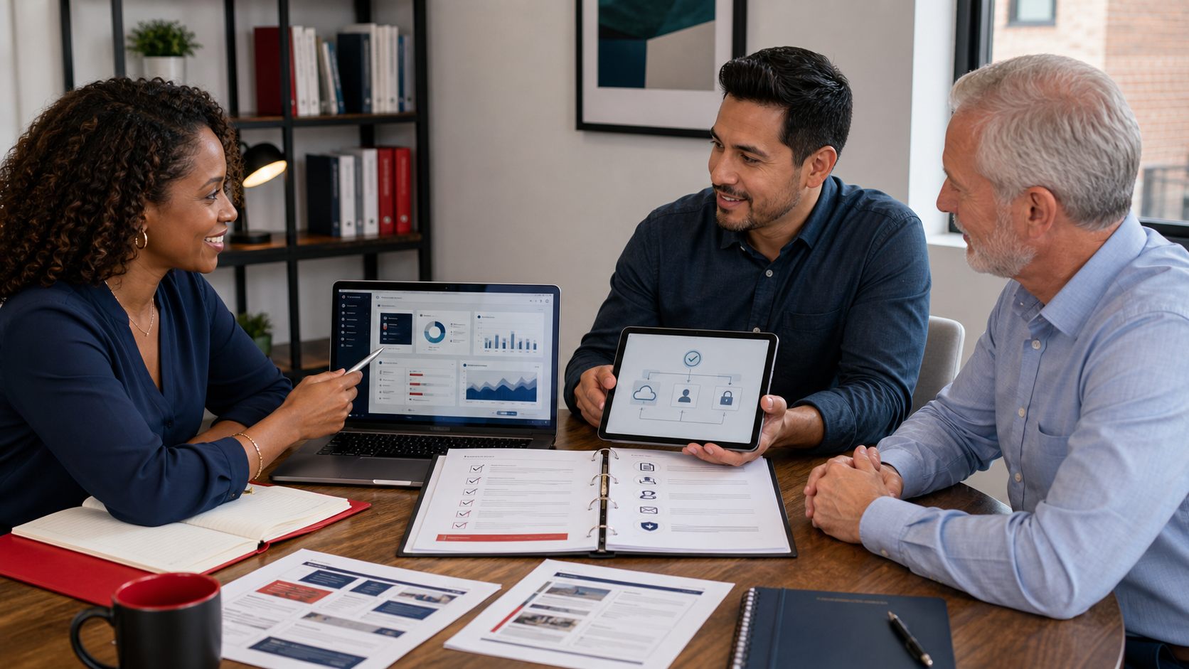 Diverse team reviewing website launch handoff materials.