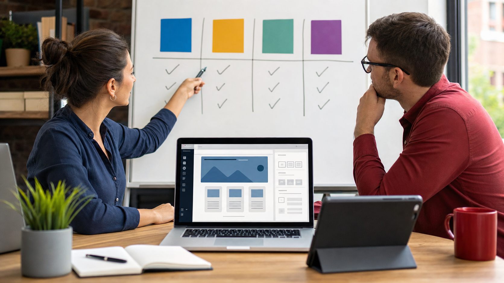 Business owner and developer comparing website platform options on a whiteboard.