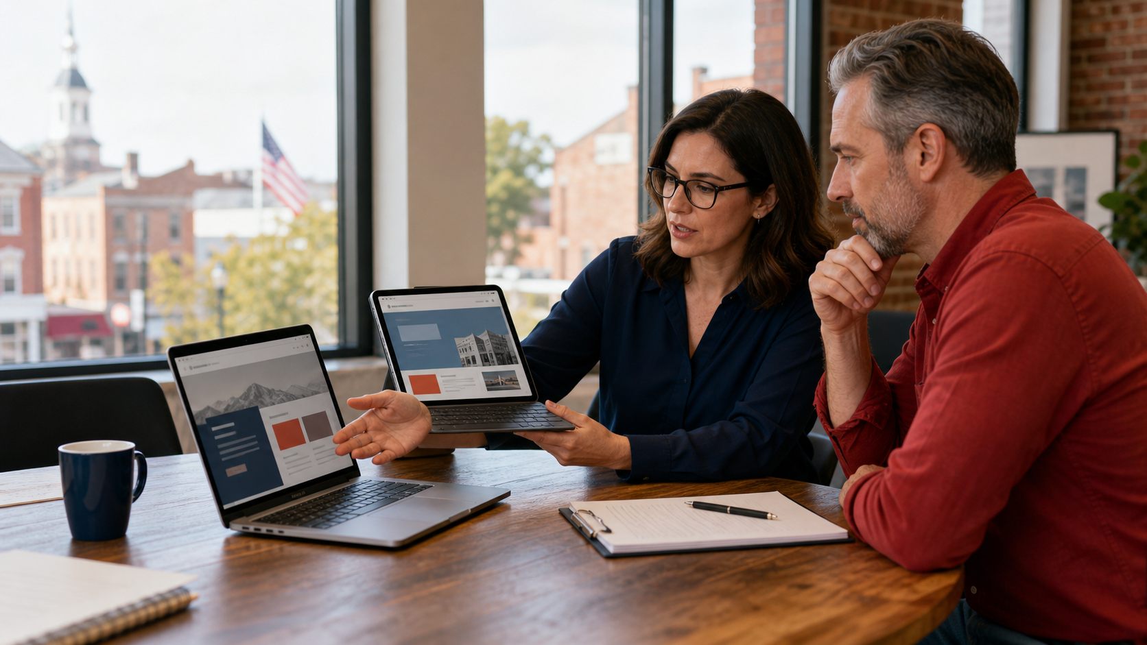 Business owner and web strategist reviewing an outdated website and redesign mockup.